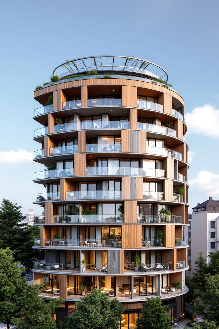 Round modern building with wood paneling and glass balconies