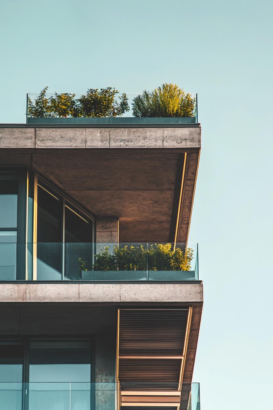 Modern building with glass balconies and greenery