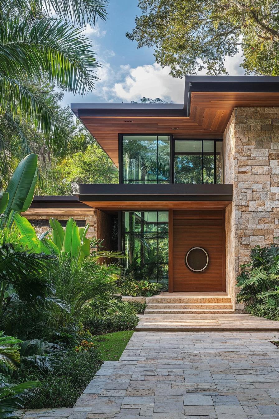 Modern house with glass walls surrounded by tropical greenery