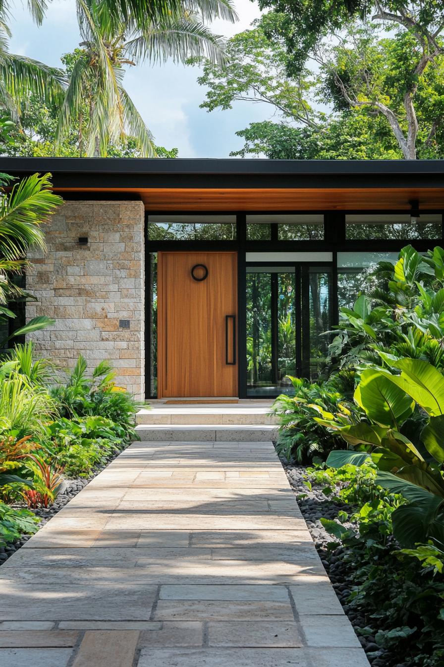 Pathway leads to a sleek tropical house entrance