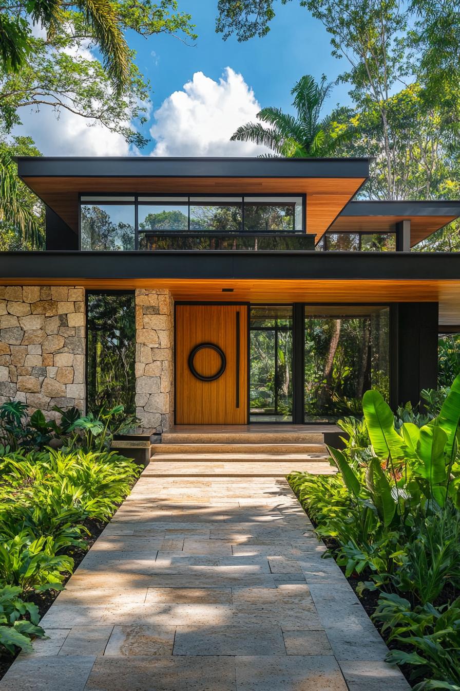 Tropical modern house with wooden accents and stone facade