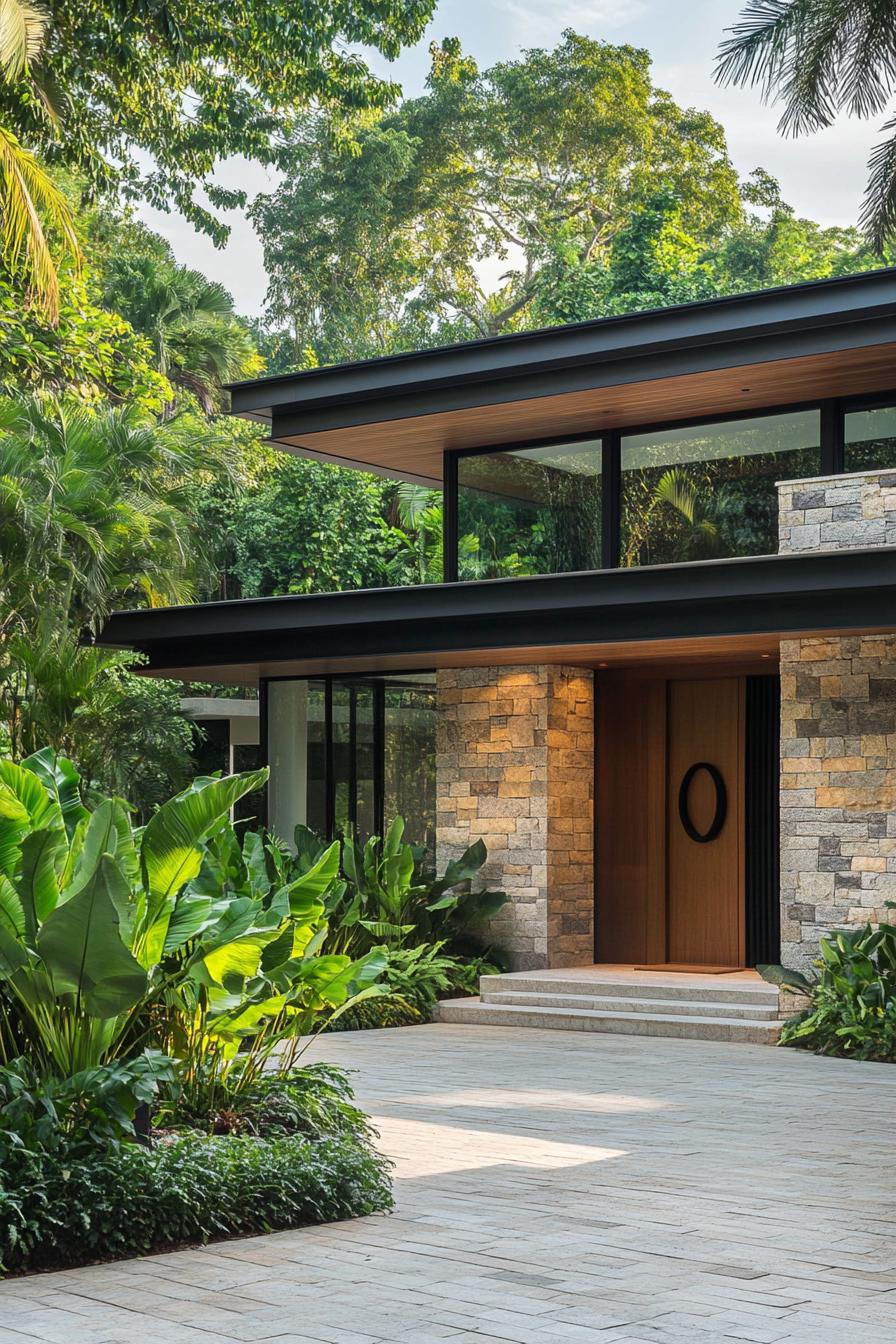 Modern house nestled among lush greenery