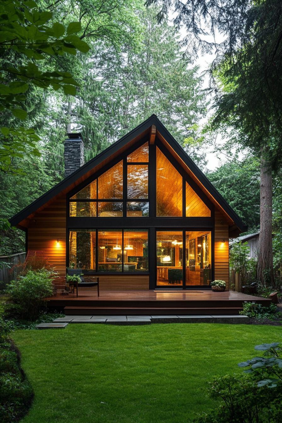 A modern A-frame house surrounded by lush greenery