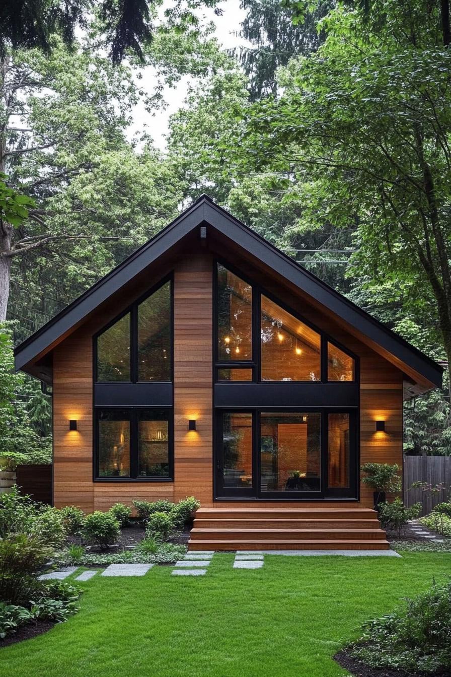 Modern A-frame house with large windows surrounded by greenery