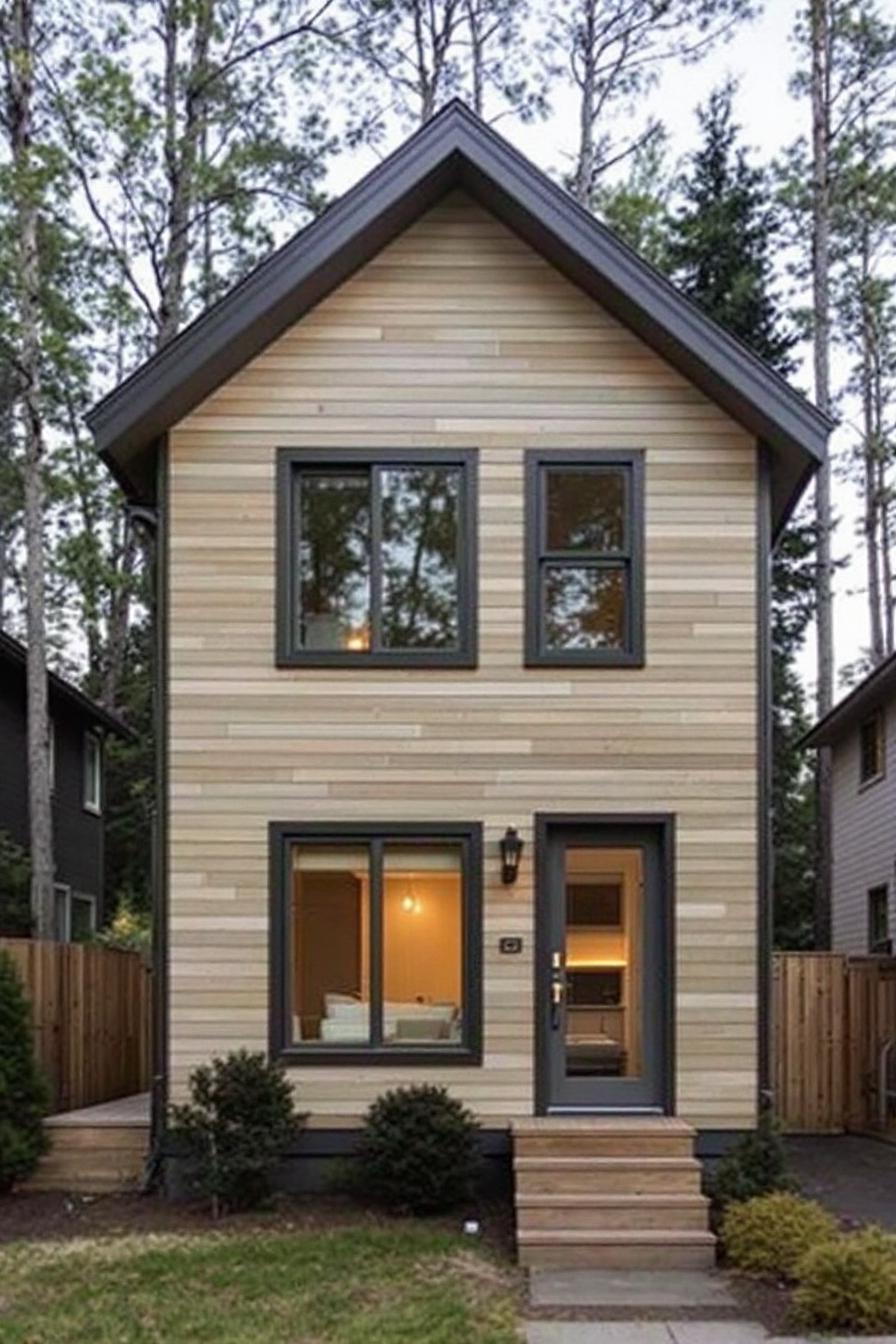 Compact wooden house with large windows surrounded by trees