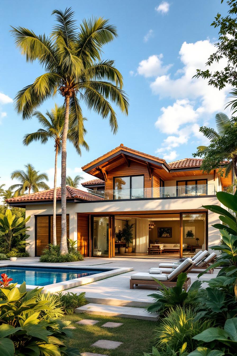 Modern tropical house with pool and palm trees