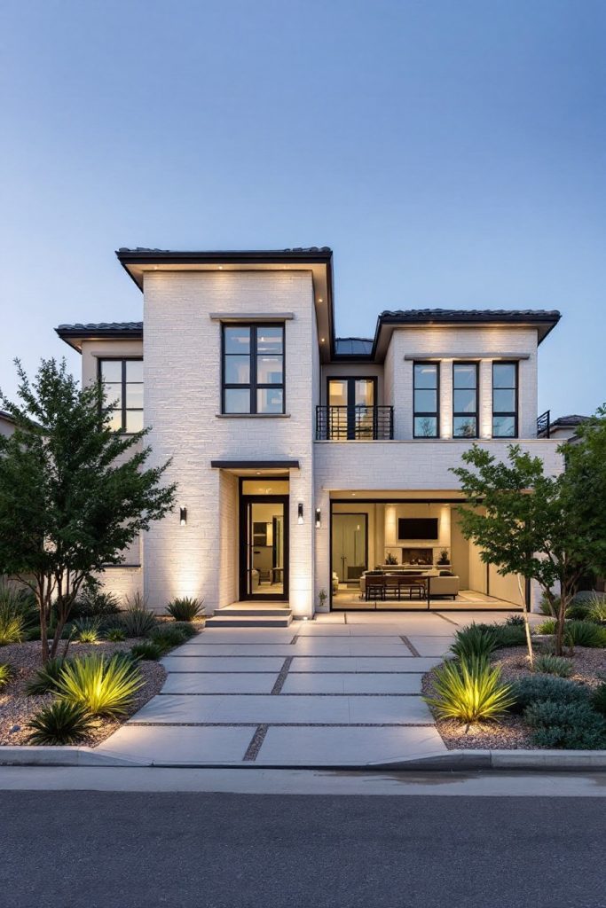 Modern two-story house with clean lines and lit pathways