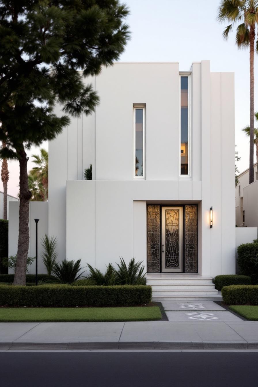 White modernist house with Art Deco design and geometric doors