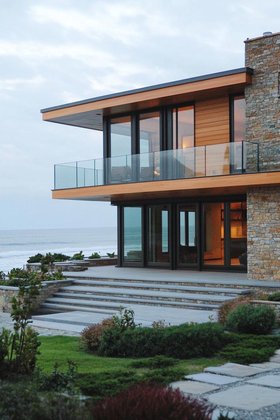 Modern beachfront home with glass balcony and stone facade