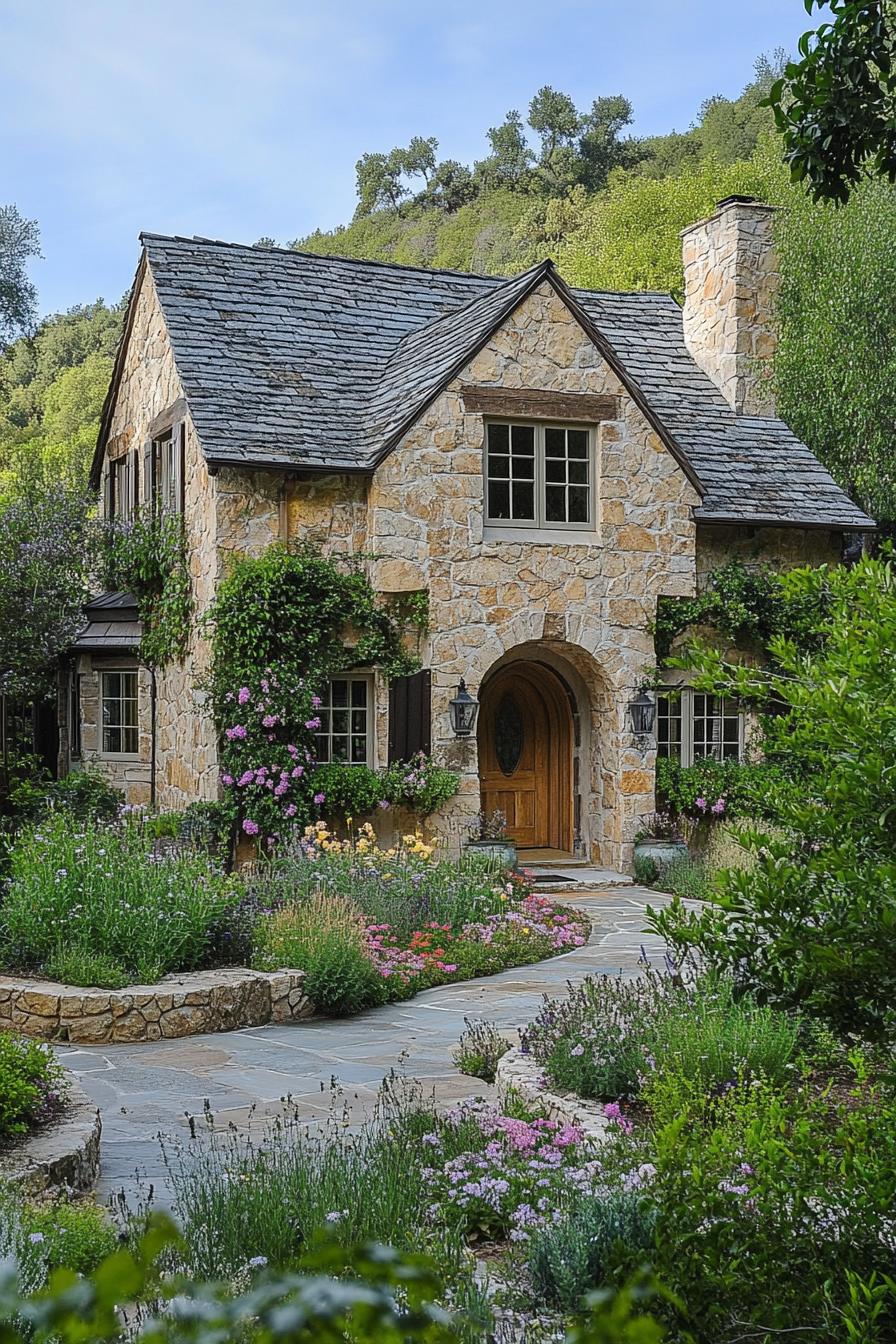 Charming stone cottage surrounded by lush greenery and flowers