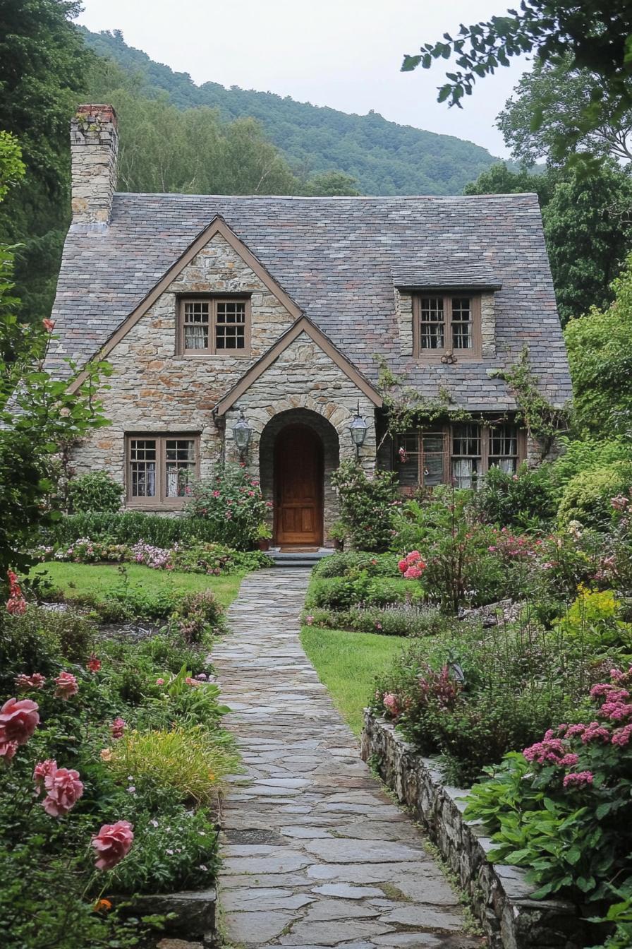 Stone cottage with vibrant garden and mountains