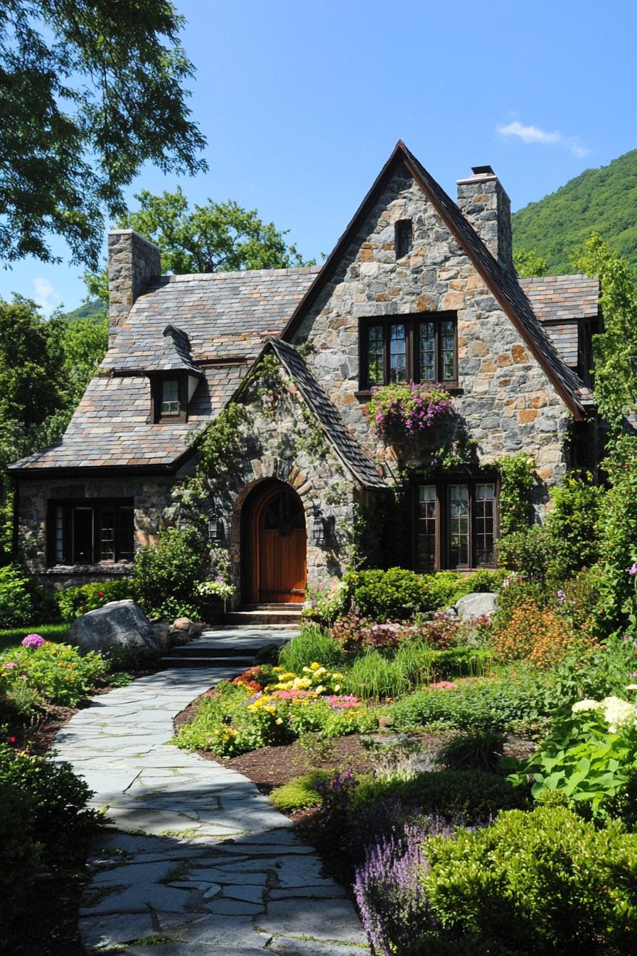 Charming stone cottage with a blooming garden