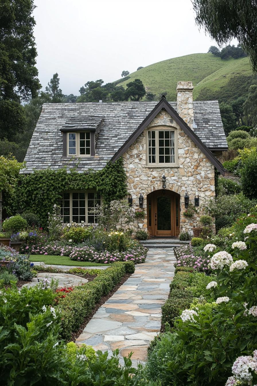 Charming stone cottage with lush garden and hills