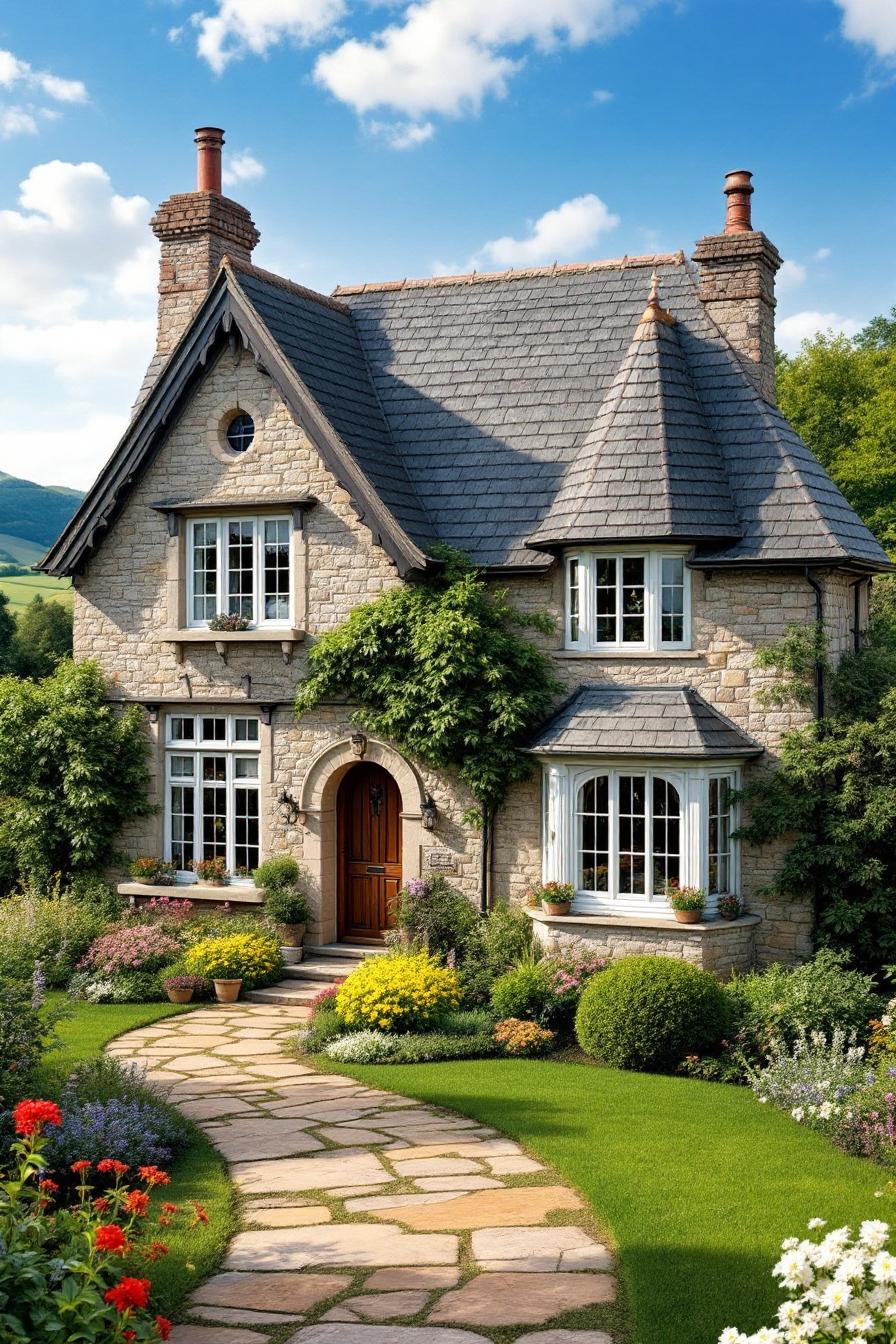 Stone cottage with lush garden path