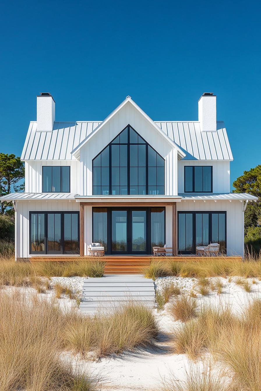 Modern coastal house with large windows and sand in front