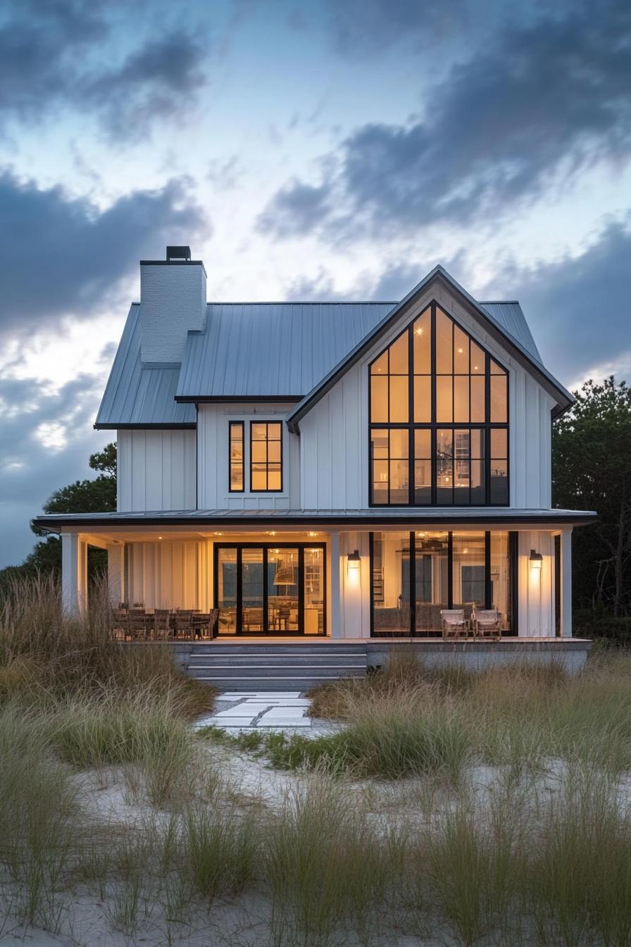 Modern coastal house with large windows and a wraparound porch