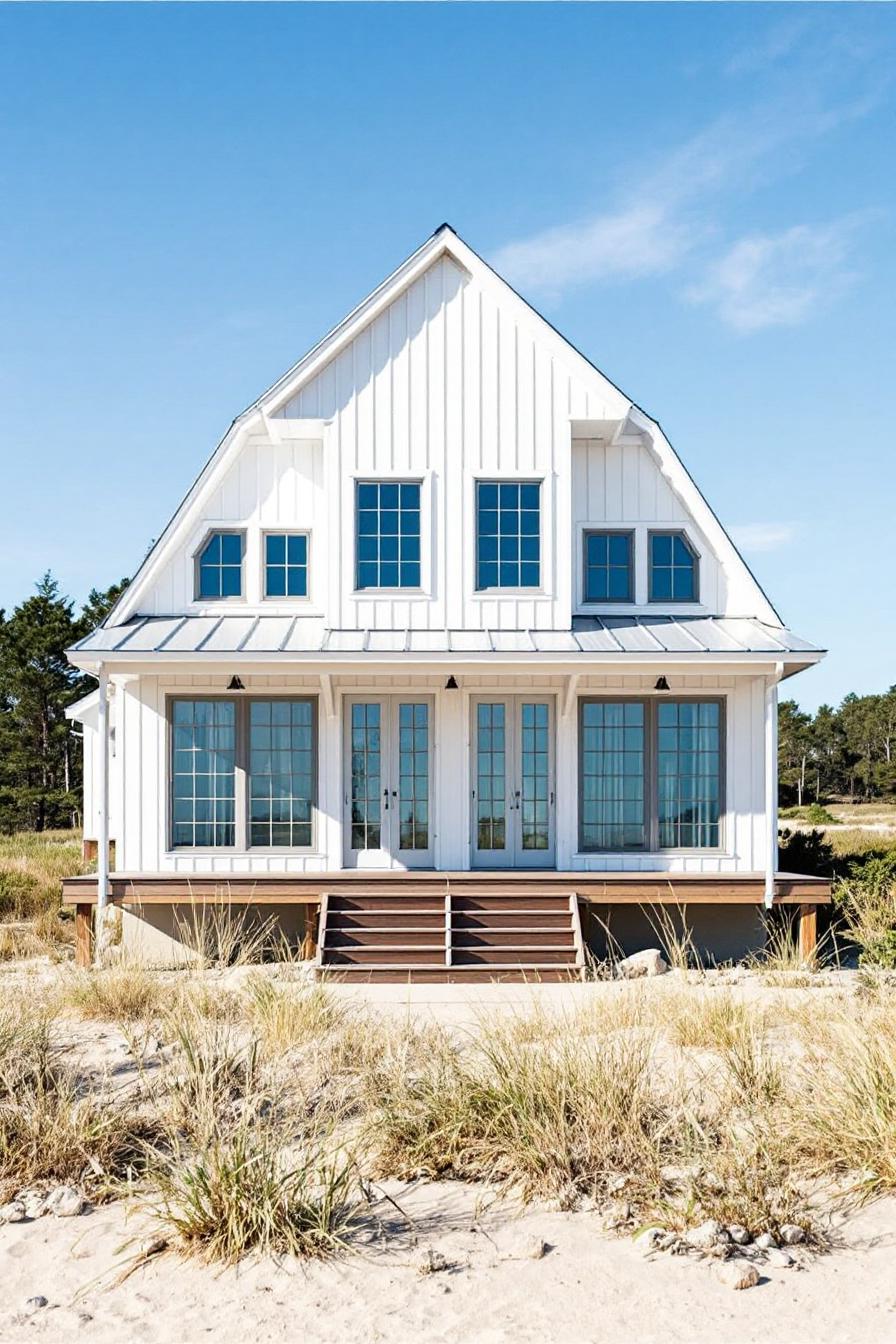 White coastal house with large windows and sand dunes