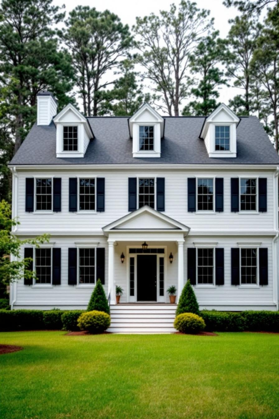 Traditional Southern house with black shutters and a manicured lawn