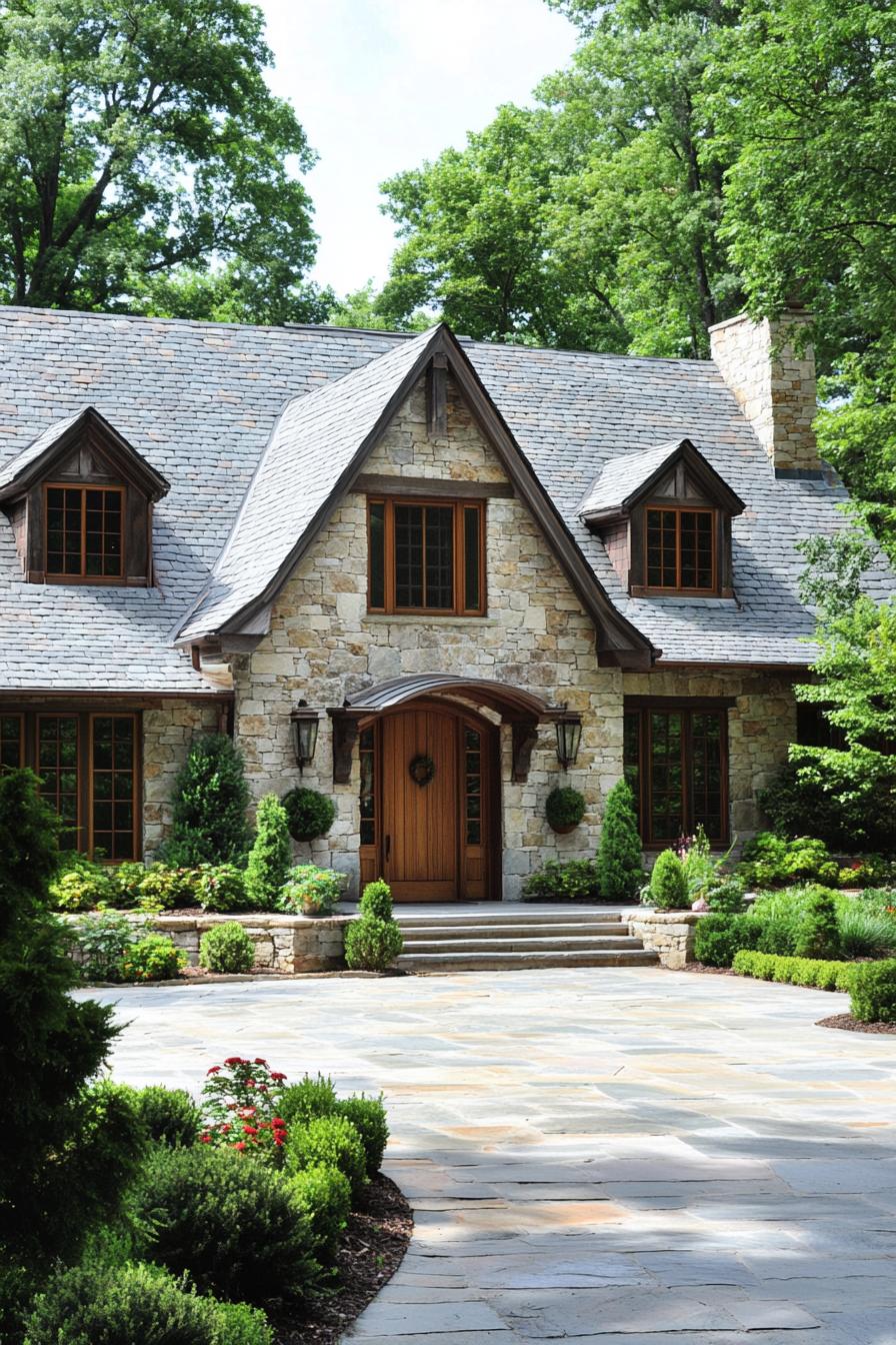 Quaint stone cottage with wooden accents and greenery