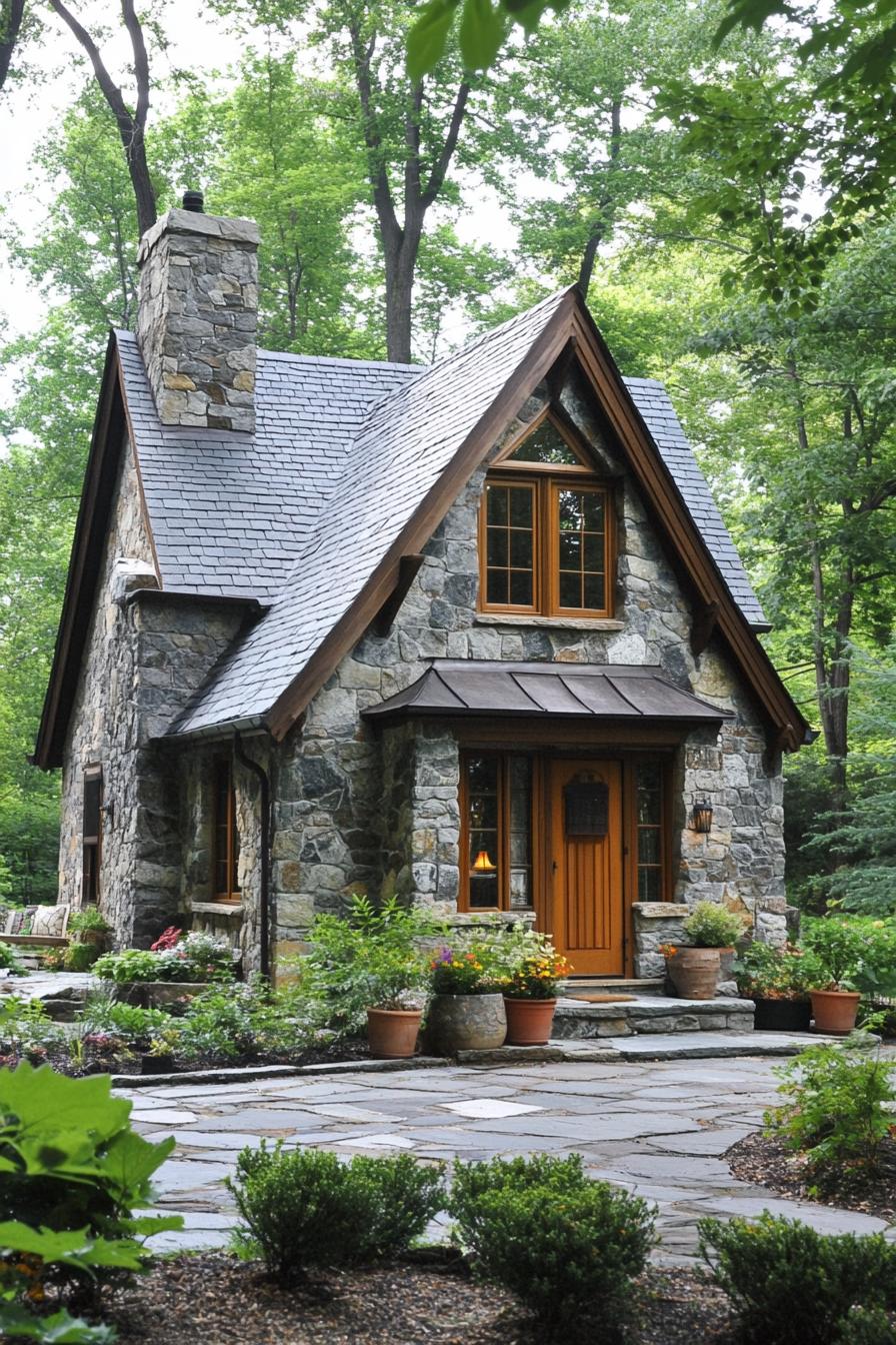 Rustic stone cottage with wood accents and lush garden