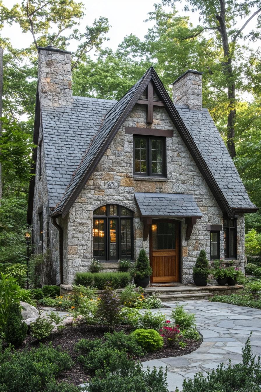 Cozy stone cottage surrounded by greenery