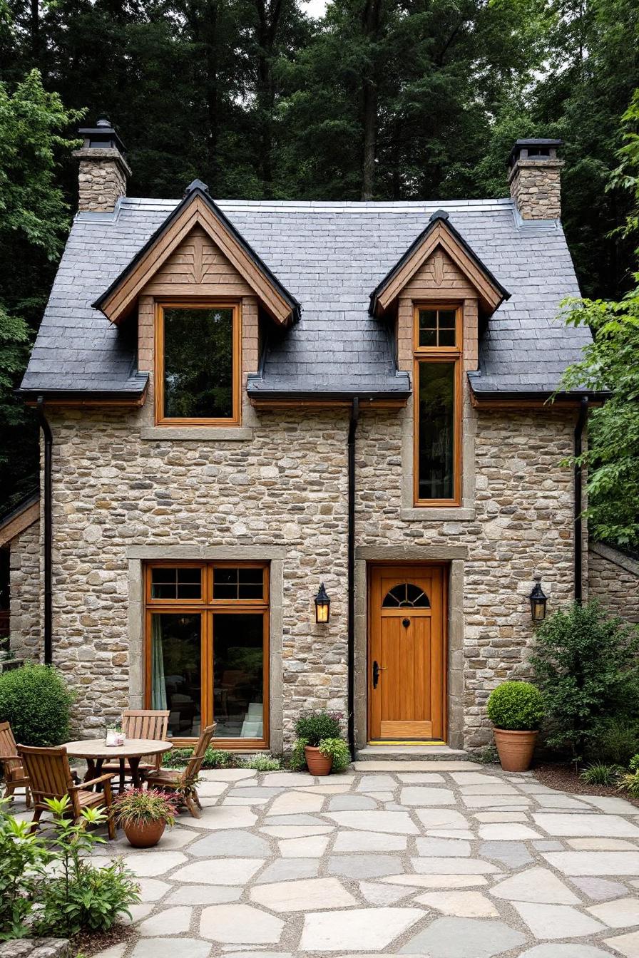 A stone cottage with wooden accents surrounded by trees