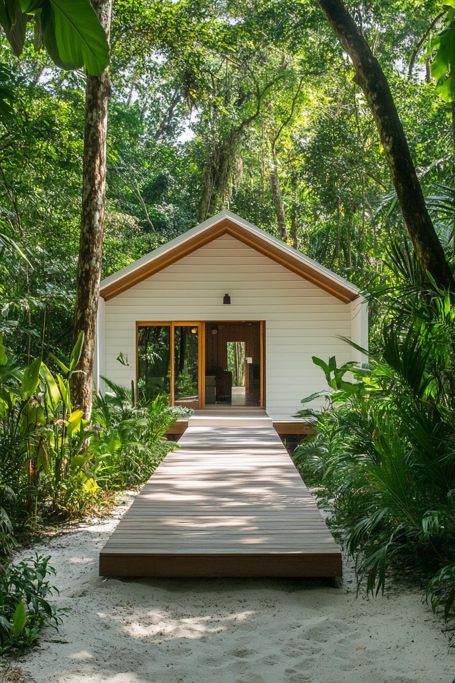 White cottage with wooden pathway surrounded by lush greenery