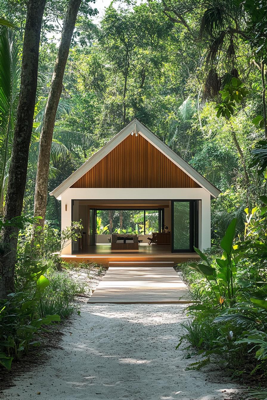 Modern cabin nestled in lush tropical greenery