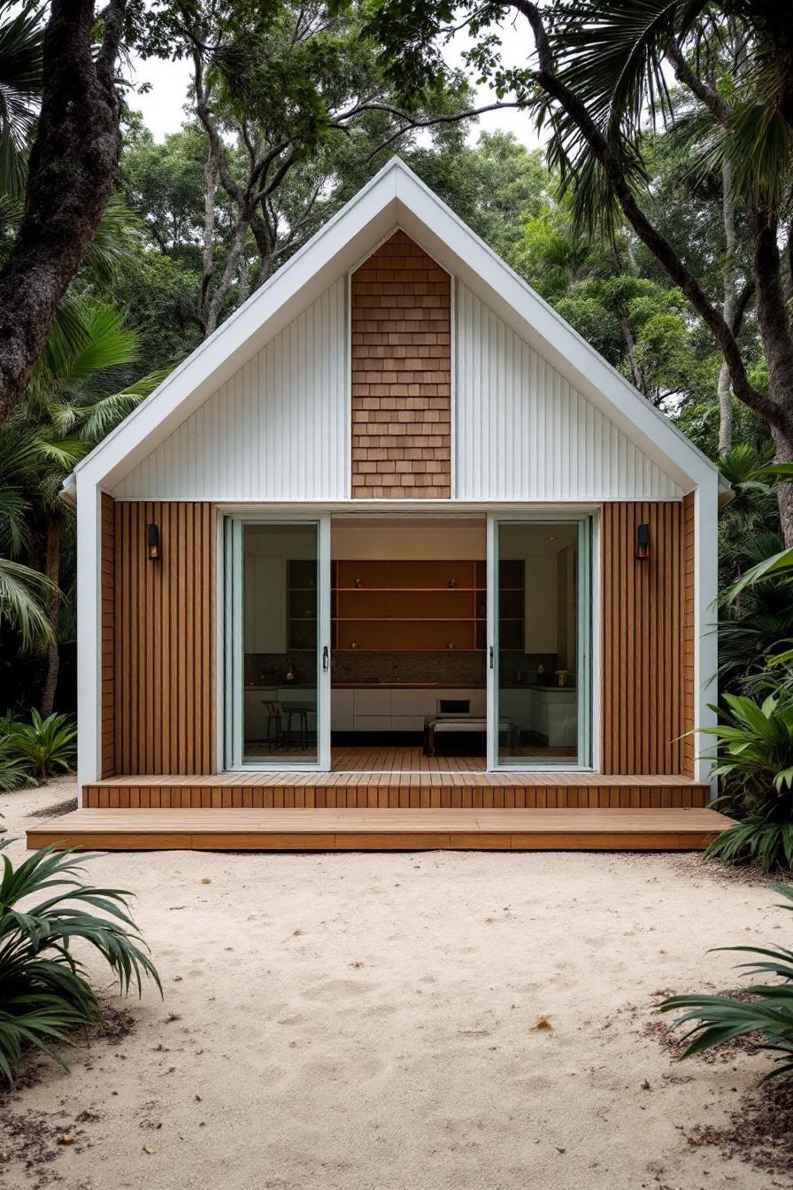 Small wooden cottage with a triangular roof surrounded by lush greenery