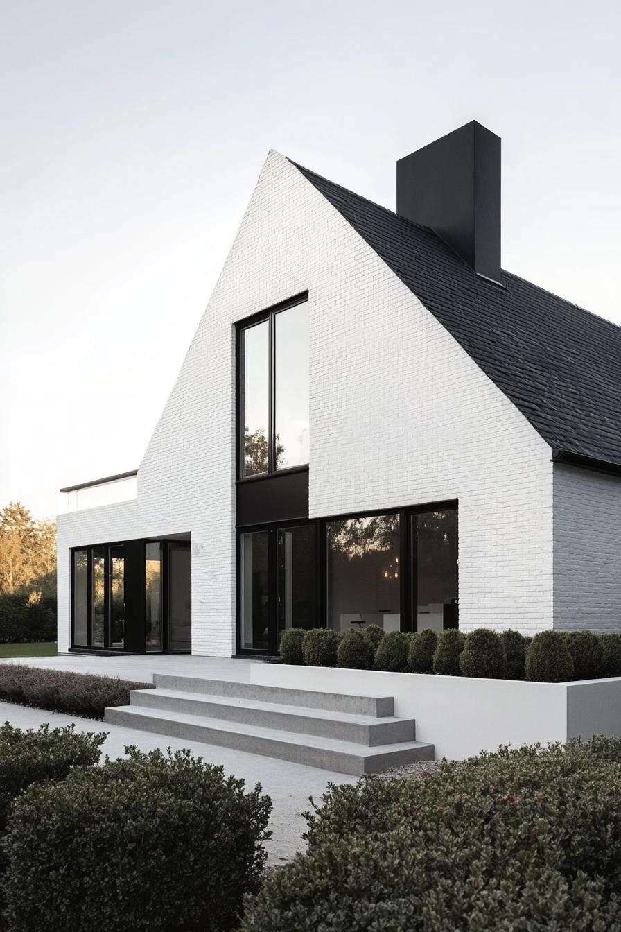 White house with black trim and a steep gabled roof