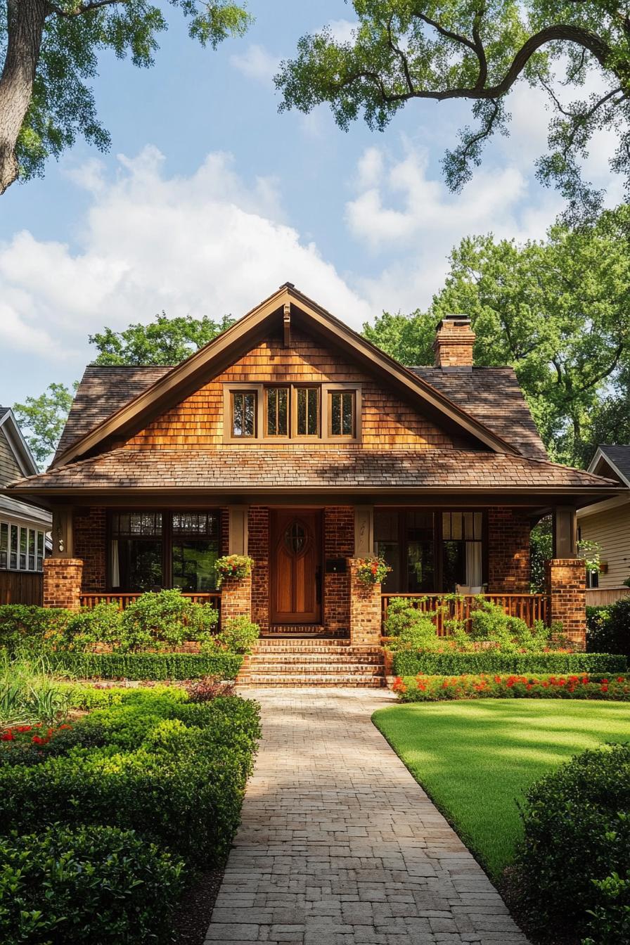 Front view of a cozy Craftsman cottage with brick and wooden details