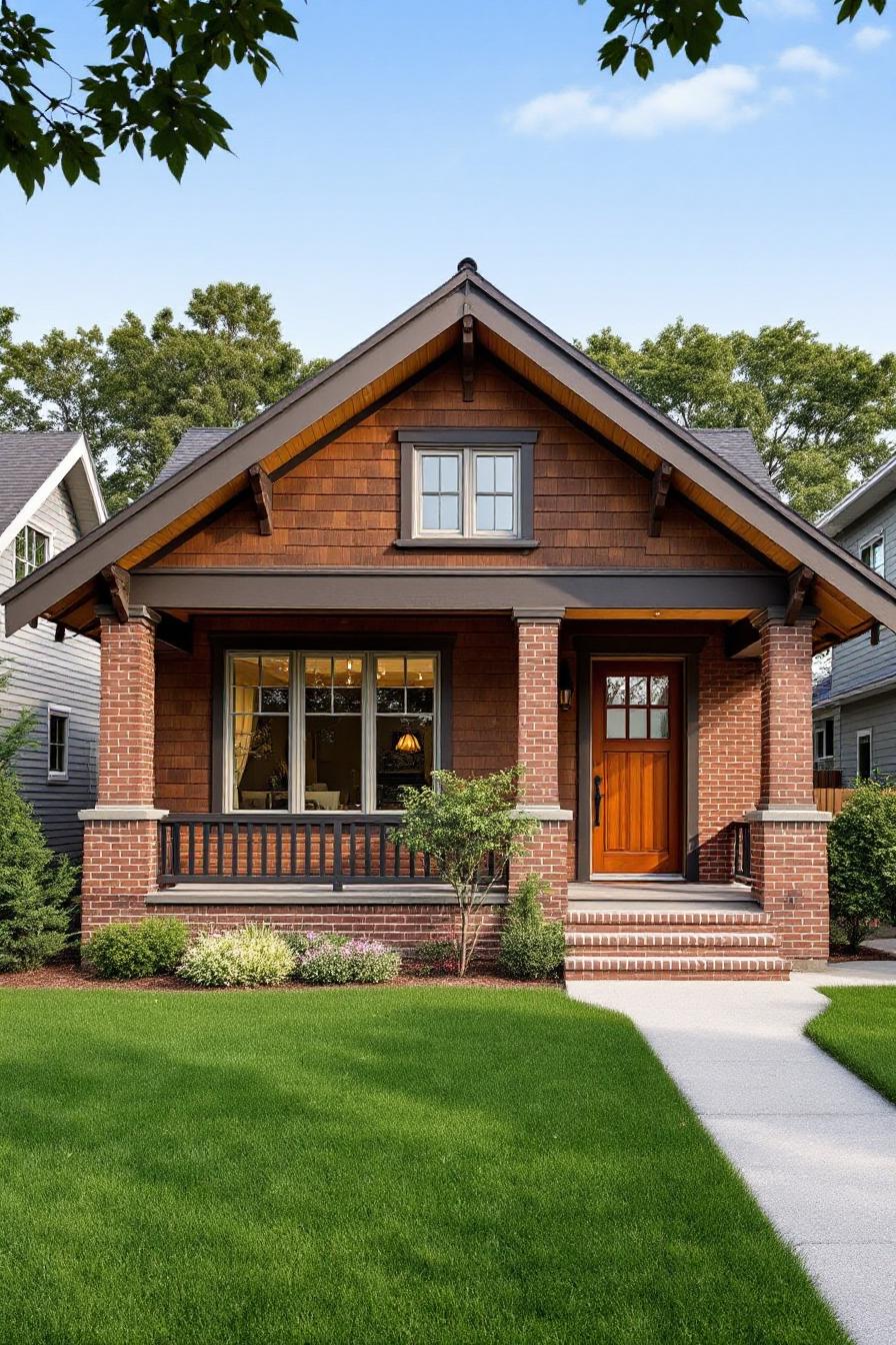 Classic craftsman cottage with brick and wood facade