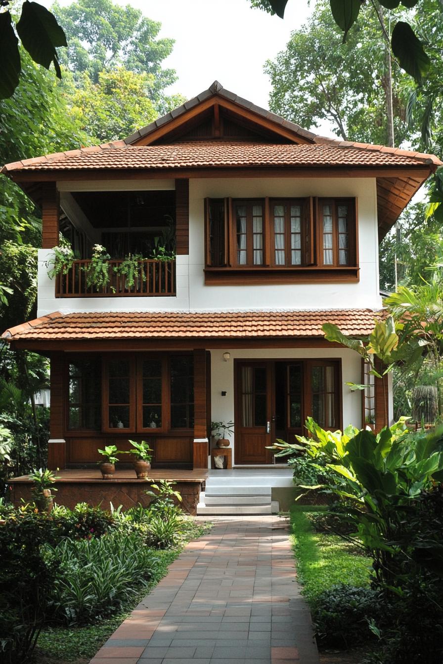 A charming house with tiled roof and wooden details in lush greenery