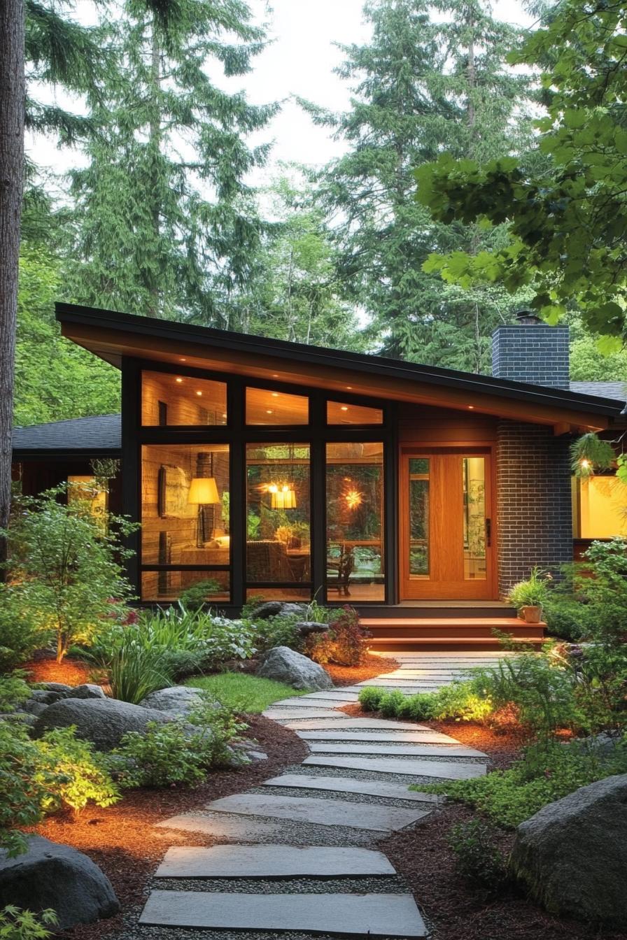 Mid-century modern house with large windows and lush landscaping