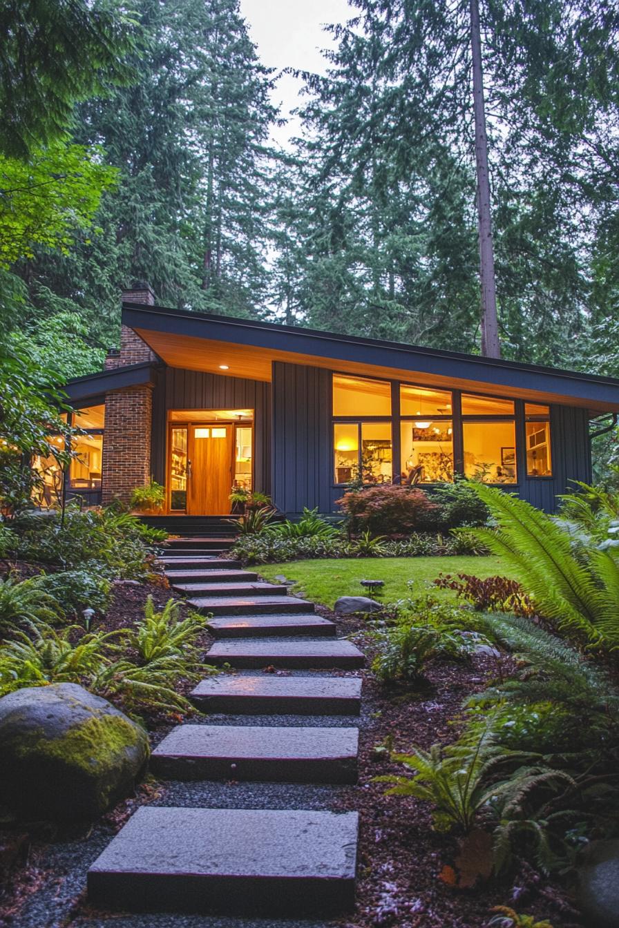 Sloped-roof house surrounded by lush greenery