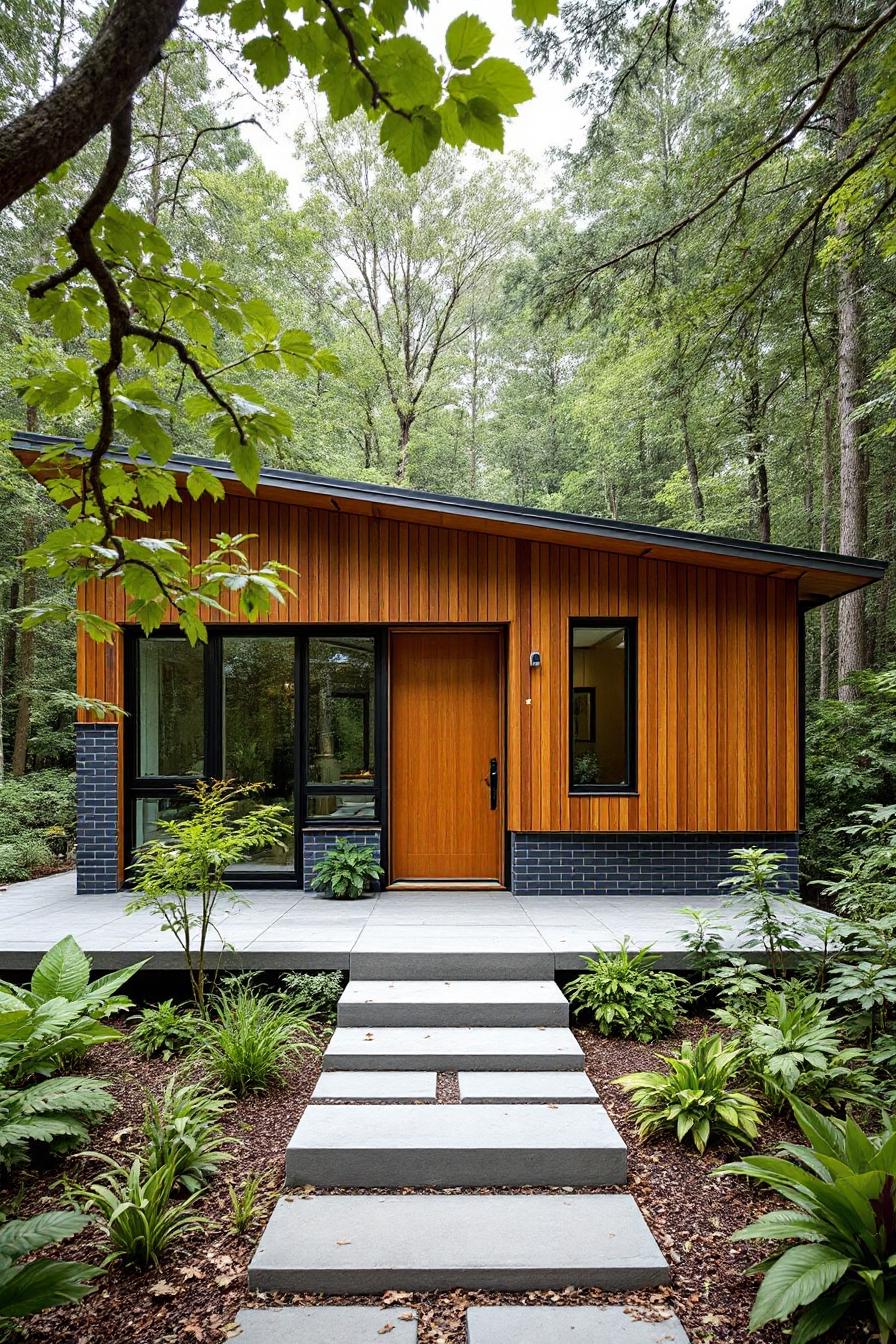 A wood-paneled mid-century modern house surrounded by greenery