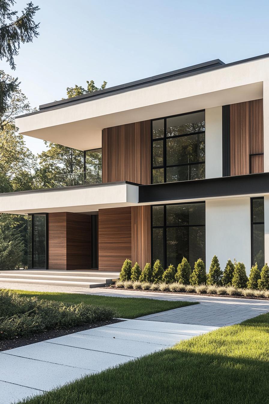 A modern house with wooden panels, large windows, and minimalist landscaping