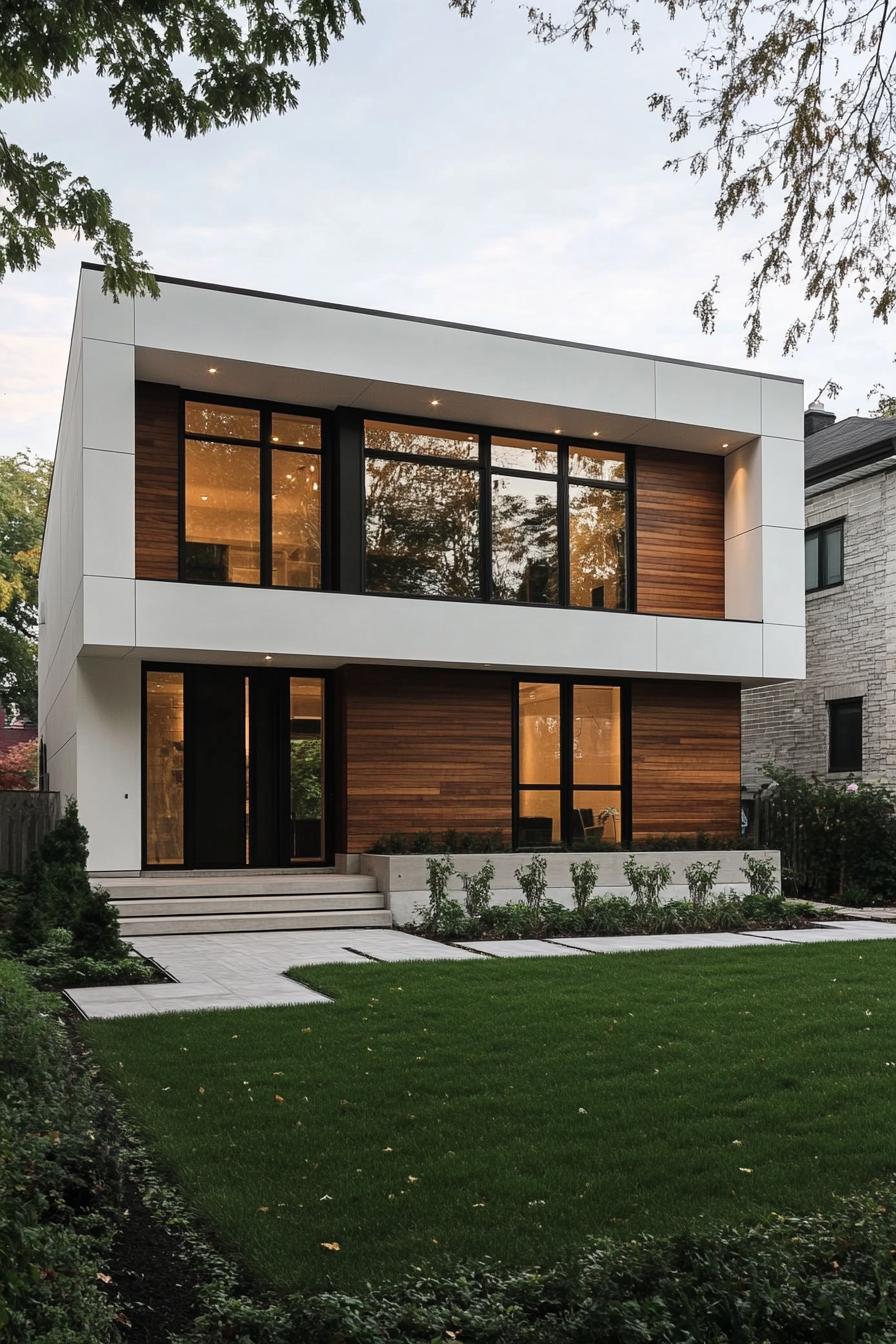 Modern minimalist house with large windows and a wooden facade