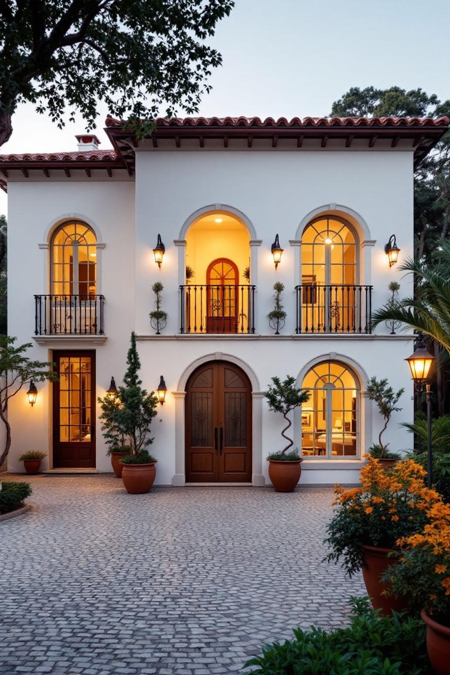 Elegant two-story villa with arched windows and lush greenery