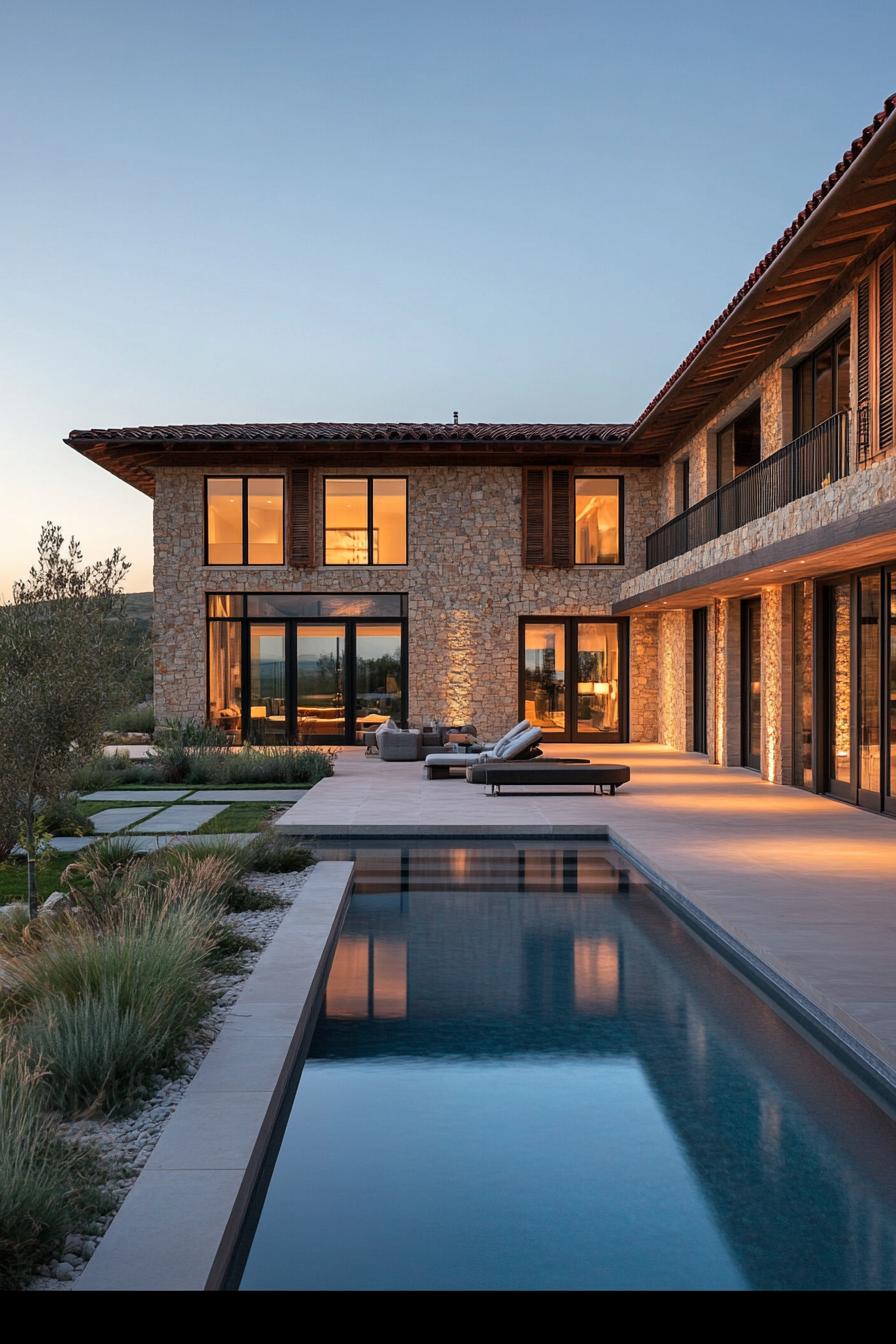 Modern villa with stone exterior and pool at dusk