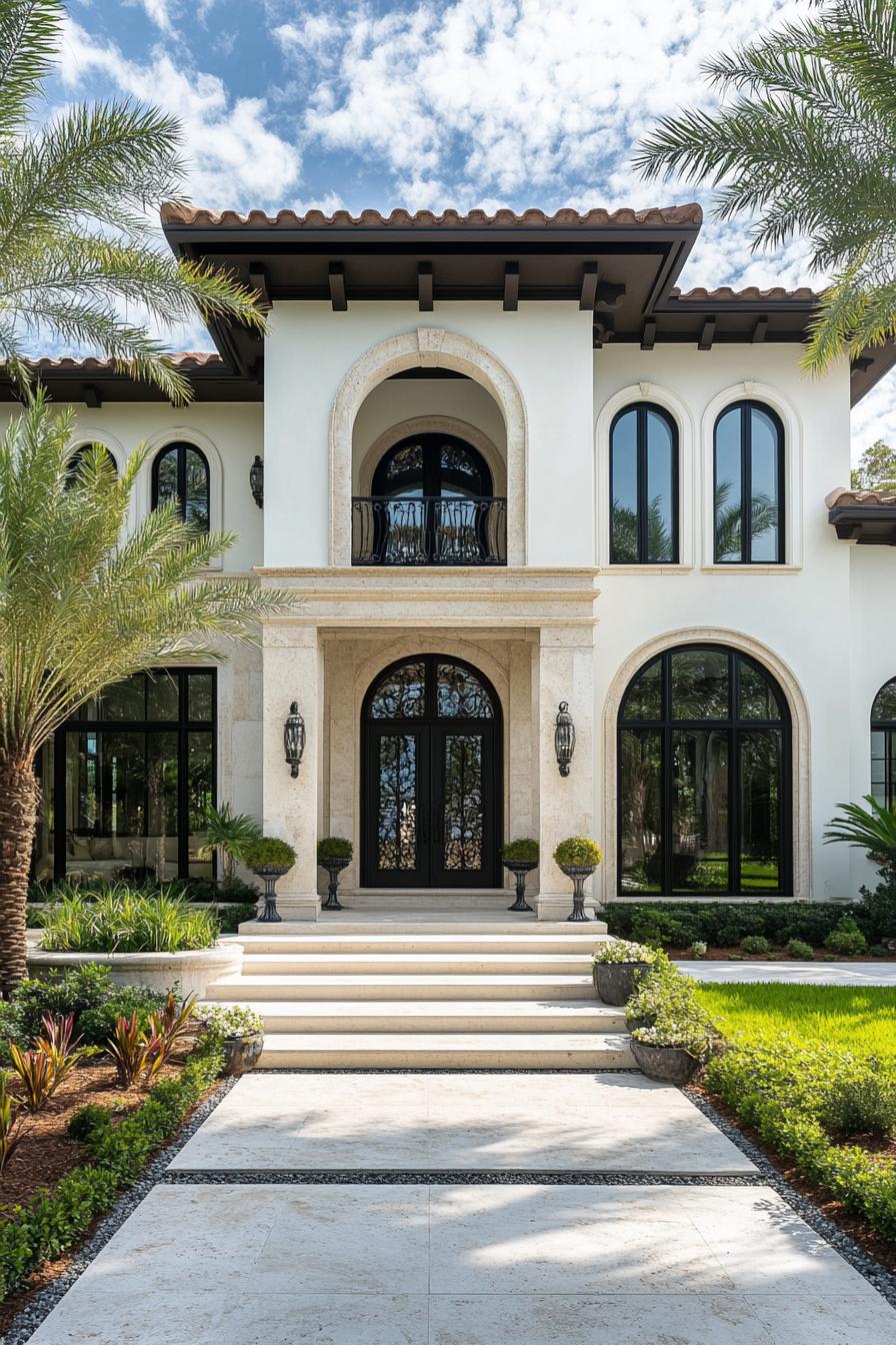 Modern villa with arches, surrounded by palm trees and lush greenery