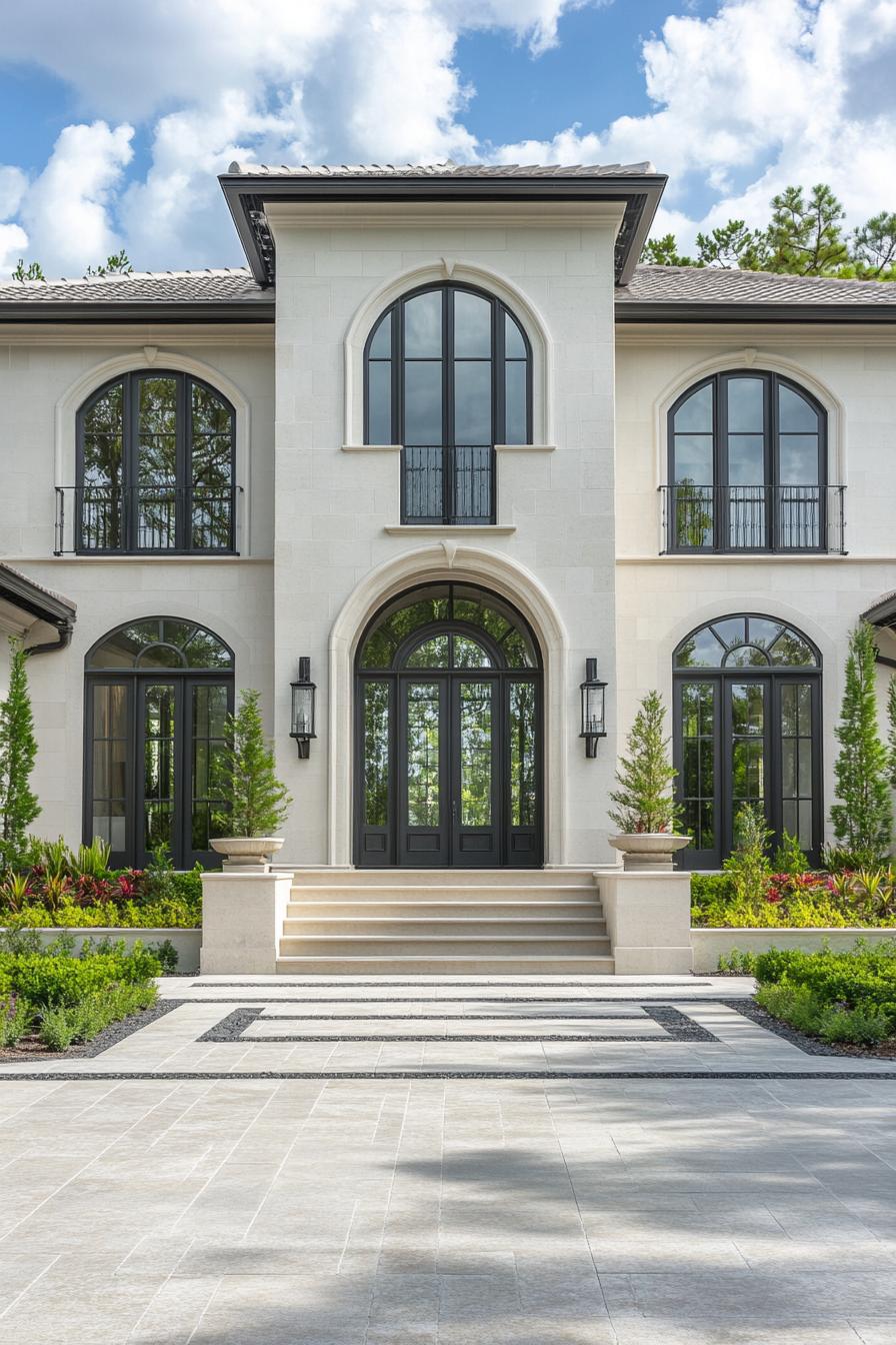 Luxurious villa with grand arches and lush landscaping