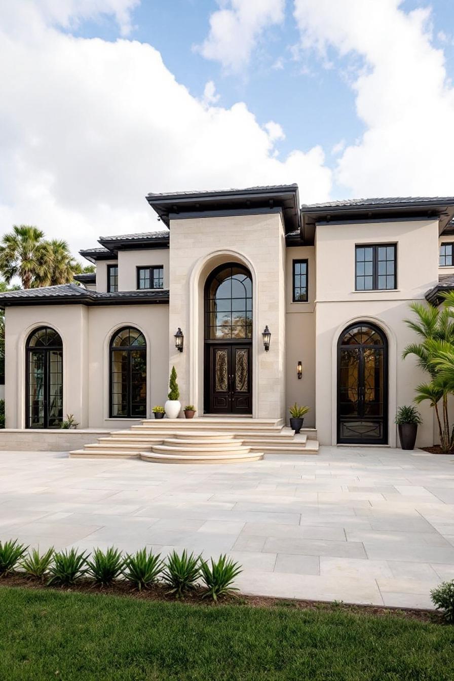 Stunning modern classic villa exterior with arched windows and grand entrance