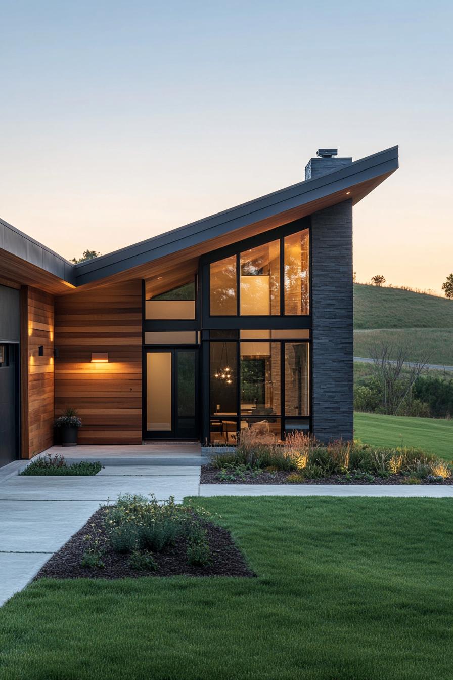 Modern house with skillion roof asymmetrical L shaped single story facade sections of wood siding combined with dark textured panels expansive 3