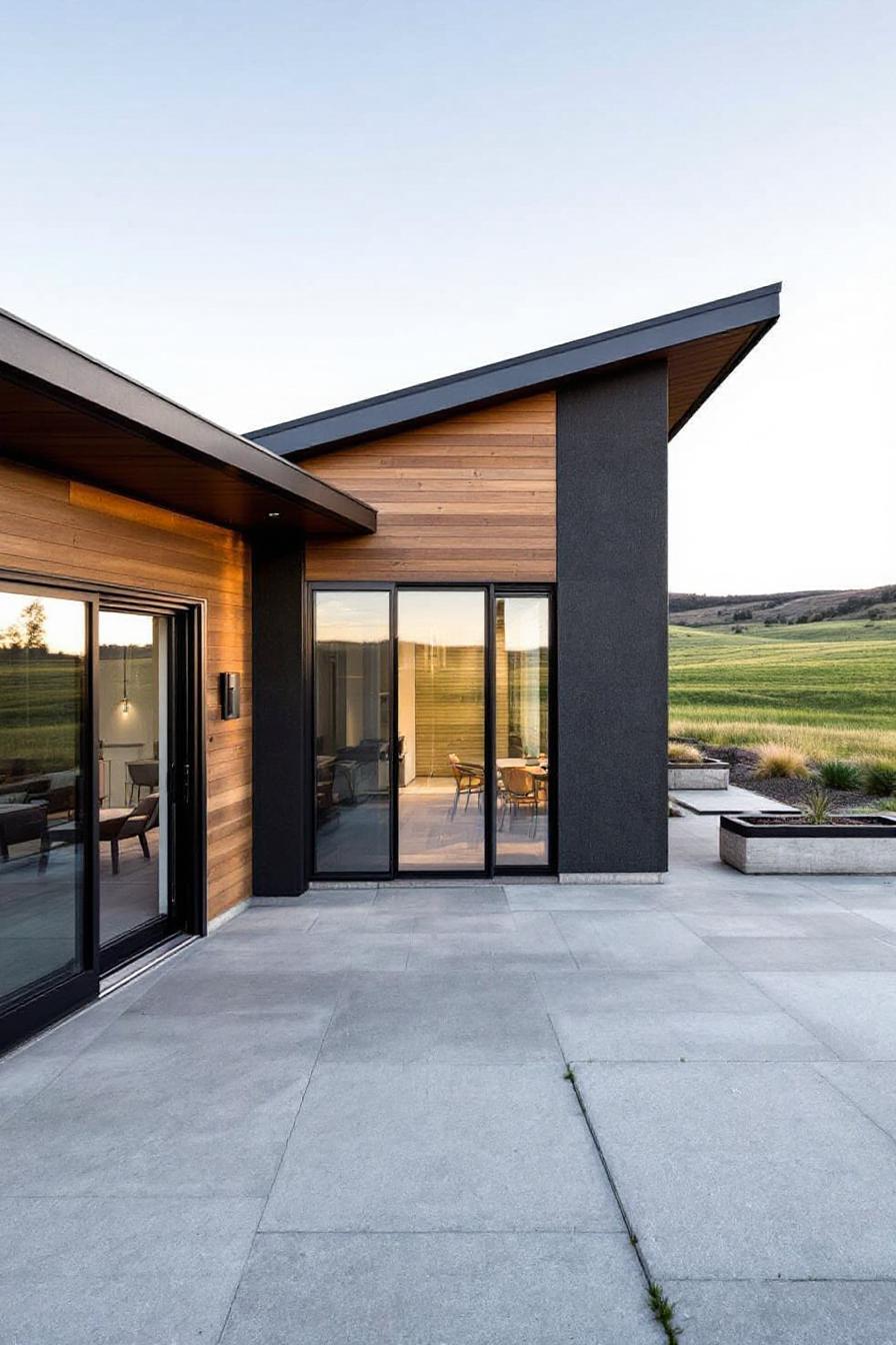 Modern house with slanted roof and large windows