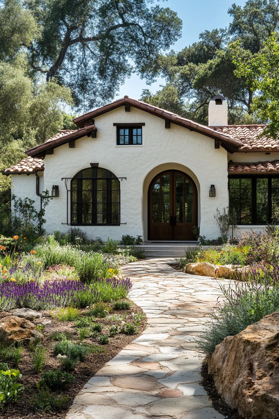 Cozy cottage with a stone path and vibrant garden