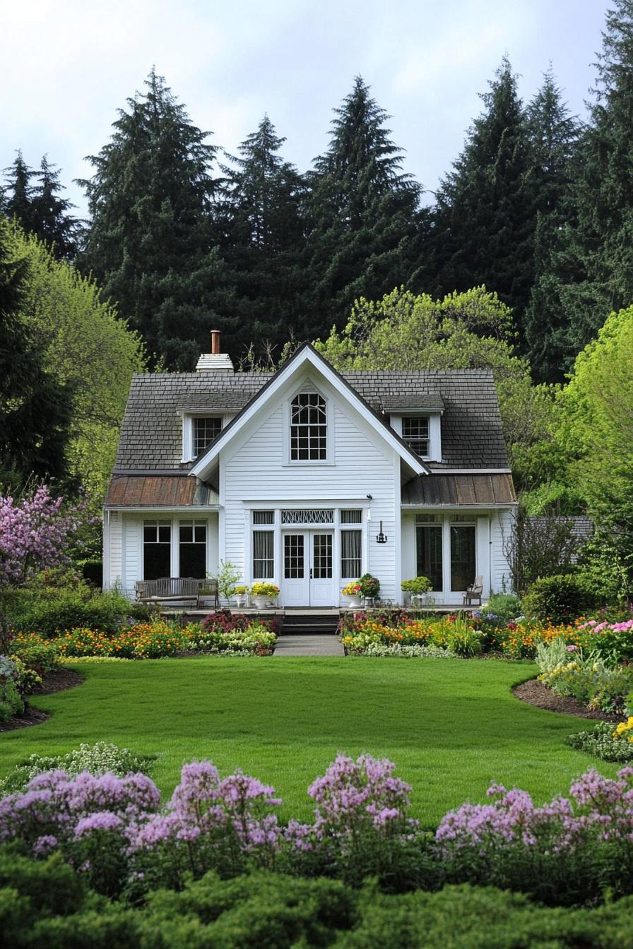 Charming white cottage surrounded by a lush garden