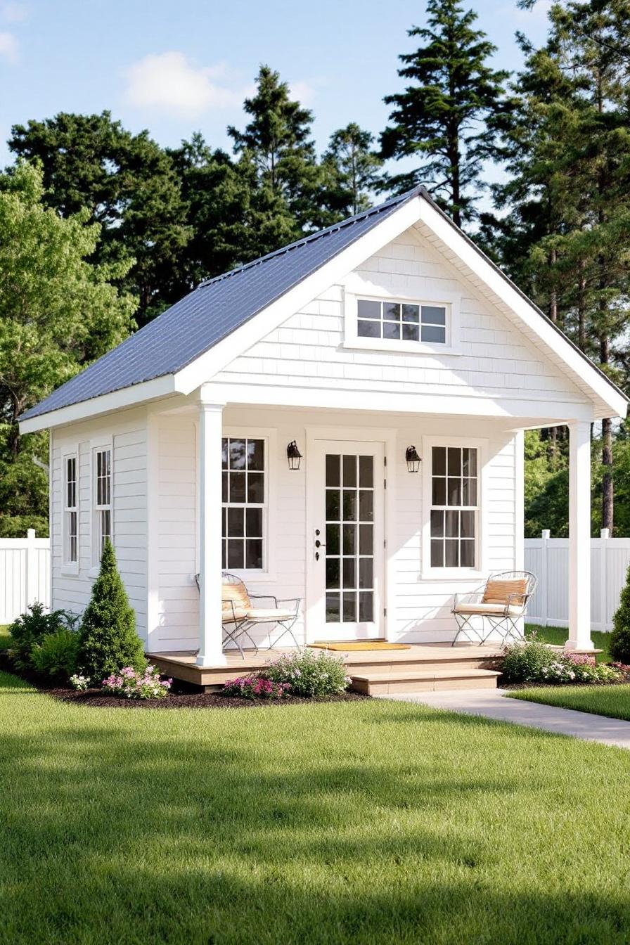 White cottage with front porch and lush garden