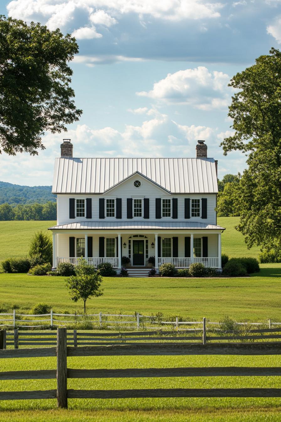 White farmhouse with a porch in the countryside