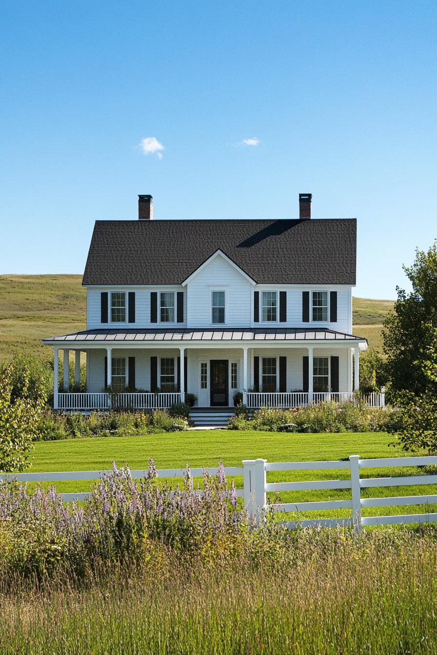 Charming white house with a wraparound porch in a lush setting